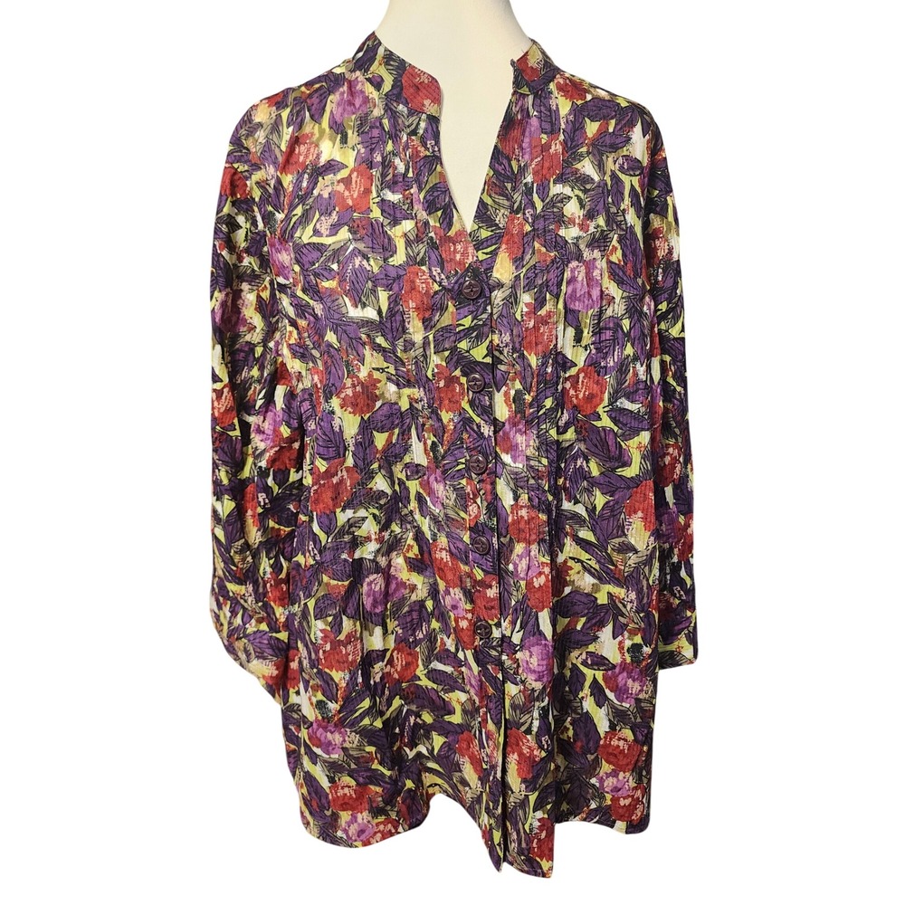 CJ Banks Womens 2X Floral Pintuck Button Front Cotton Blouse  3/4 Sleeve